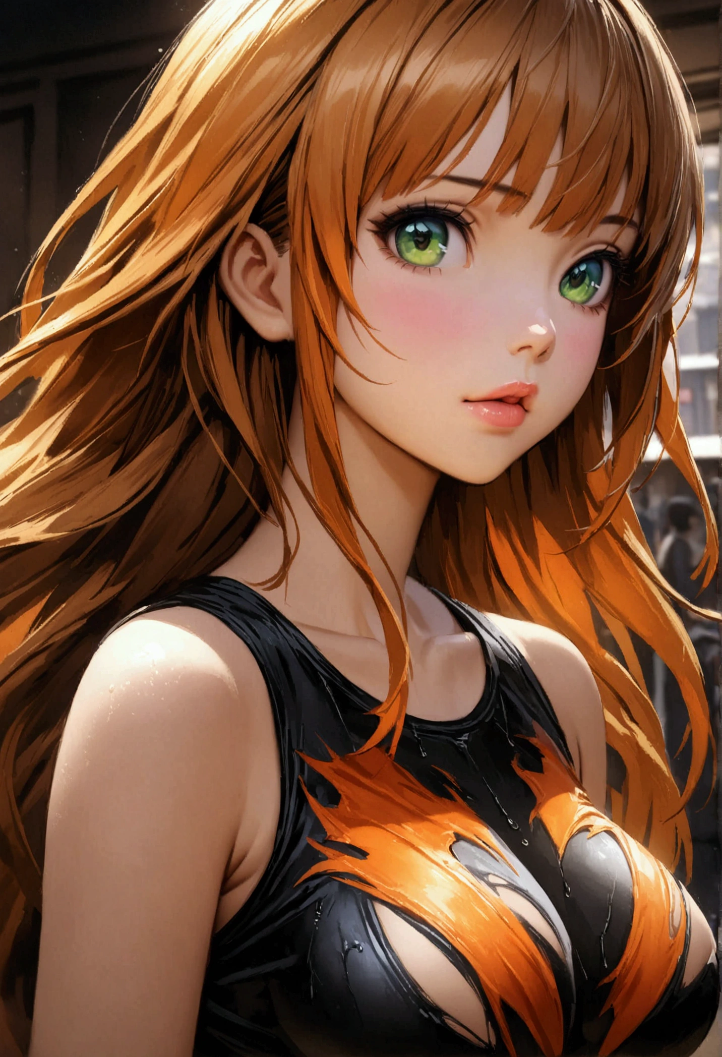 atmosphere oily rainy style animation 2.5D manga niji6 strong strokes art oil paint super details in art Madara sexy + venom girl in tight tight torn tshirt red orange fire with green eyes with black tomoi in style reality photo realism maximum quality details super perfection state-of-the-art graphics