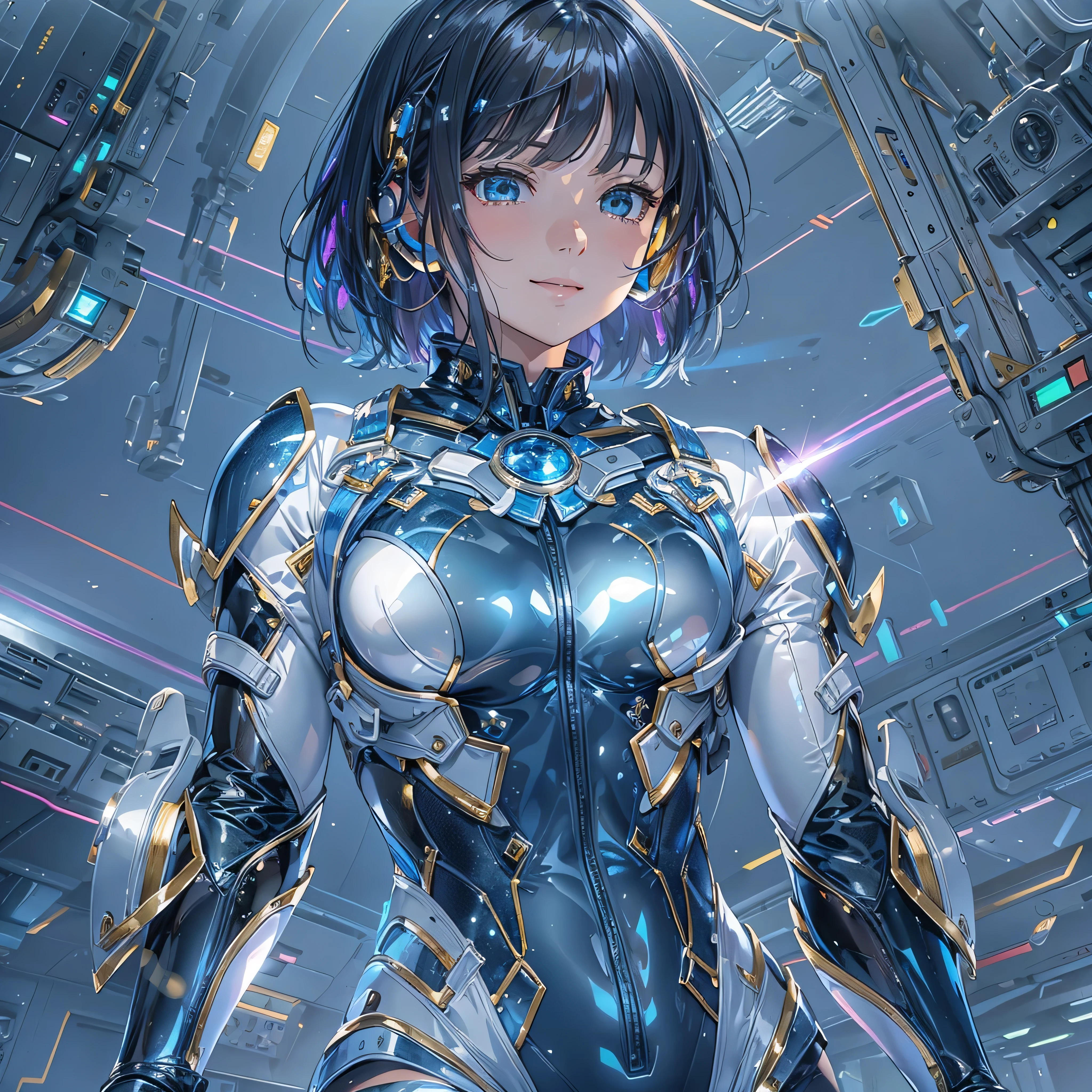 ((Holographic glow effect)),、(masterpiece、Highest quality、Highest Resolution、Clear_image、Detailed details、Angle from above): (Whole body、One 20 year old girl、Japanese Faces、Small Face、Slender、Navy blue super short bob cut hair、(Hidden small breasts:1.3)、Sparkling blue eyes、Shiny pilot suit in blue and black colors、Chest protection armor、Tight fitting clothes、Clothing that covers the whole body、Glamorous clothes、Tight Fit Pants、Hide your skin、Very delicate and beautiful、Detailed Skin、hide thighs、Hide your ass、Cute、A gentle smile、Soft expression、heroine、headset、Knee-high boots、Elbow-length gloves、Eye Level Shot、Face directly、Woman on a spaceship)