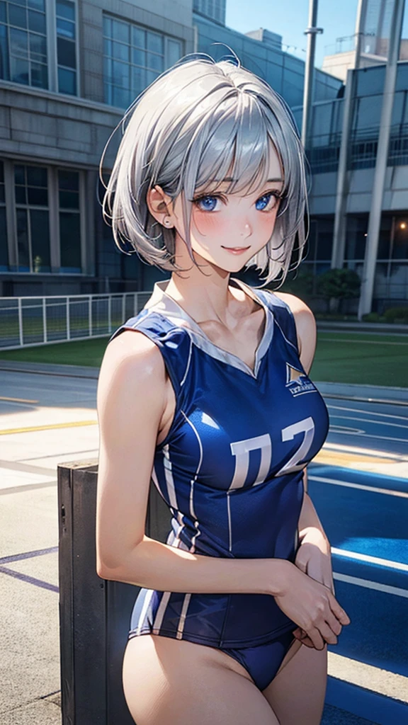 (masterpiece:1.2, top-quality), (realistic, photorealistic:1.4), beautiful illustration, (natural side lighting, movie lighting),
looking at viewer, upper body, (front view), 1 girl, japanese, , perfect face, cute and symmetrical face, shiny skin, babyface,
(short hair:1.2, bob cut:1.2, silver hair), blue eyes, (large breasts:0.6, seductive thighs),
beautiful hair, beautiful face, beautiful detailed eyes, beautiful clavicle, beautiful body, beautiful chest, beautiful thigh, beautiful legs, beautiful fingers,
(blue track uniform),
(beautiful scenery), evening, sports hall, (lovely smile, upper eyes),