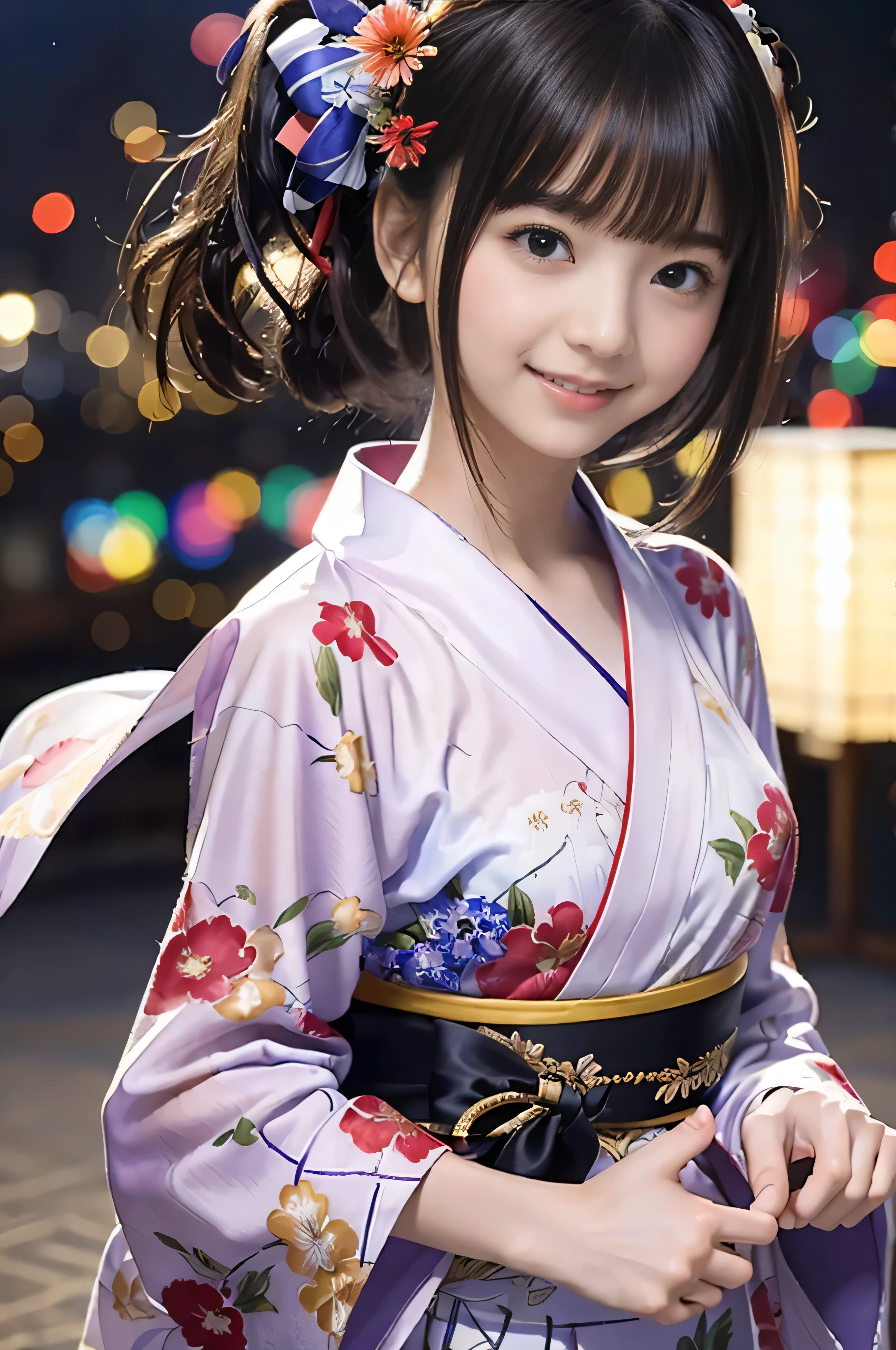 (masterpiece, Highest quality:1.2), 8k, Young and beautiful girl, (((RAW Photos:1.4))), Baby Face、14 years old, Beautiful black hair, Fireworks are being set off. A cute woman wearing a thin, transparent yukata is having fun. She has a mischievous smile, Simple obi, Large Bust, Biologically correct,