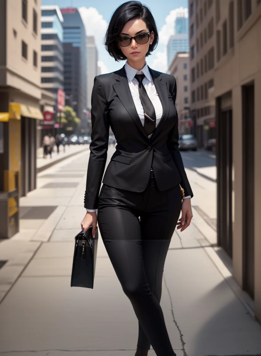 shot of stunning tall female corporation CEO, short black hair, Sunglasses, black blazer, tie, sexy, confident look, free hand, ( stay in relaxed pose)