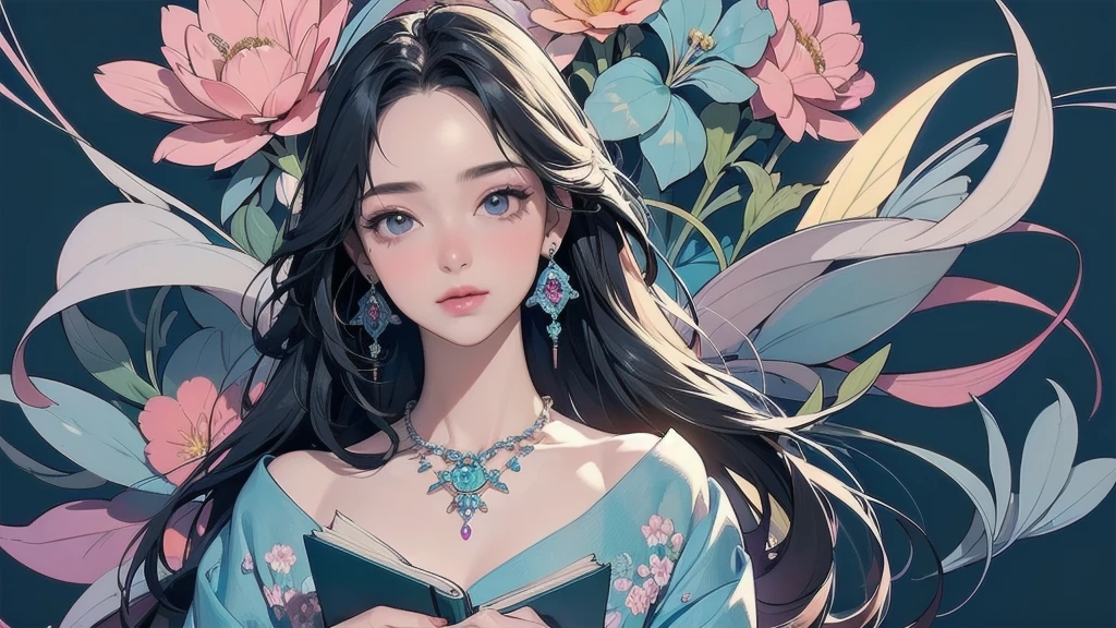 32K, 最高quality, 最高masterpiece, (ultra-Detailed Background, Detailed Background), High resolution, Super detailed, Very detailedな, One girl, (bouquet:1.3), (Tangled:1.2), (Geometric:1.2),(colorful),(masterpiece, quality, best quality, Official Art, Beautiful and beautiful:1.2), (1 girl:1.3), Very detailed,(colorful:1.1)(Flowers:1.3),Most detailed,(Tangled:1.2), whole body, (Abstract background:1.3), (Skin glows), (Many colors:1.4), ,(Earrings Jewelry:1.5), Light Blue Background, I read a book, Holding a pen,