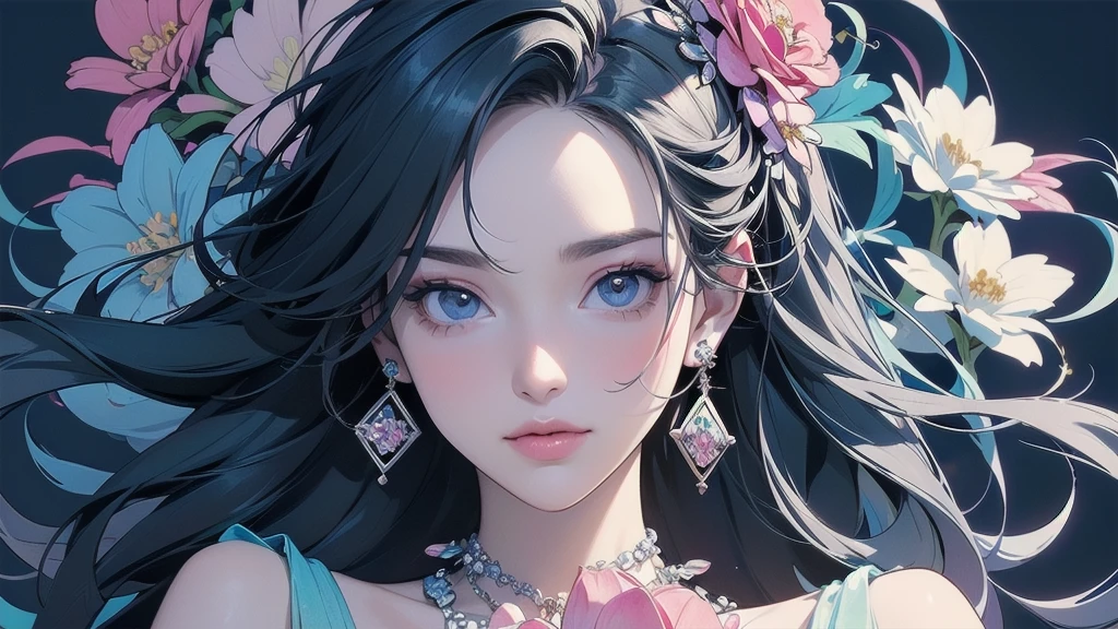 32K, 最高quality, 最高masterpiece, (ultra-Detailed Background, Detailed Background), High resolution, Super detailed, Very detailedな, One girl, (bouquet:1.3), (Tangled:1.2), (Geometric:1.2),(colorful),(masterpiece, quality, best quality, Official Art, Beautiful and beautiful:1.2), (1 girl:1.3), Very detailed,(colorful:1.1)(Flowers:1.3),Most detailed,(Tangled:1.2), whole body, (Abstract background:1.3), (Skin glows), (Many colors:1.4), ,(Earrings Jewelry:1.5), Light Blue Background, I read a book, Holding a pen,
