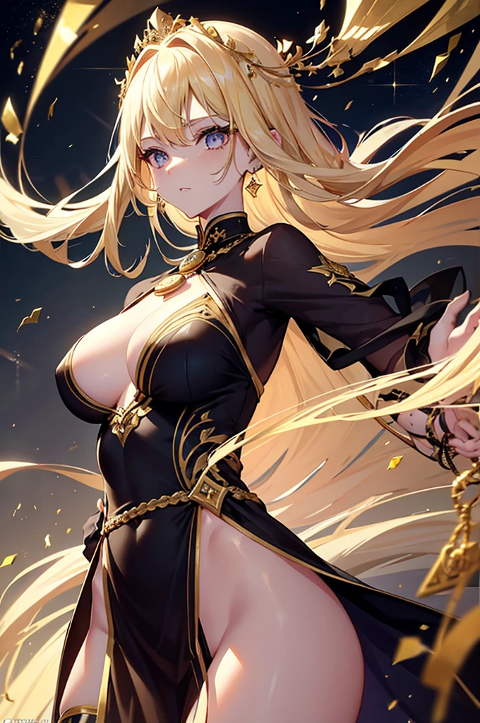 - **Hair**: Her hair is long, smooth, and a striking blonde color. It falls elegantly over her shoulders and back.
- **Eyes**: Her eyes are piercing and golden or amber in color, adding a mystical touch to her gaze.
- **Skin**: She has pale, flawless skin, which contrasts with her subtle makeup.
- **Face**: Her face is finely sculpted with delicate features, and she carries a serene yet powerful expression.
- **Body**: She has a slender and graceful figure with well-defined curves. Her arms and legs are long and muscular, suggesting strength and agility.
### Attire:
- **Dress**: She wears a draped black dress that is both elegant and revealing. The dress is deeply cut in the front, exposing a large part of her chest and abdomen, and it is slit up to her thighs.
- **Accessories**:
- She wears an ornate gold belt around her waist, adding a touch of luxury and sophistication to her outfit.
- Her arms are adorned with matching gold bracelets that accentuate her slender wrists.
- Around her forehead, she sports a delicate golden diadem or crown, inlaid with patterns or precious stones, enhancing her regal or divine appearance.
- Gold chains or ornaments run across her body, adding to the detailed and rich look of her attire.
- **Tattoos or Marks**: There appear to be gold marks or tattoos running along her left arm and right leg, blending with the patterns of her attire.