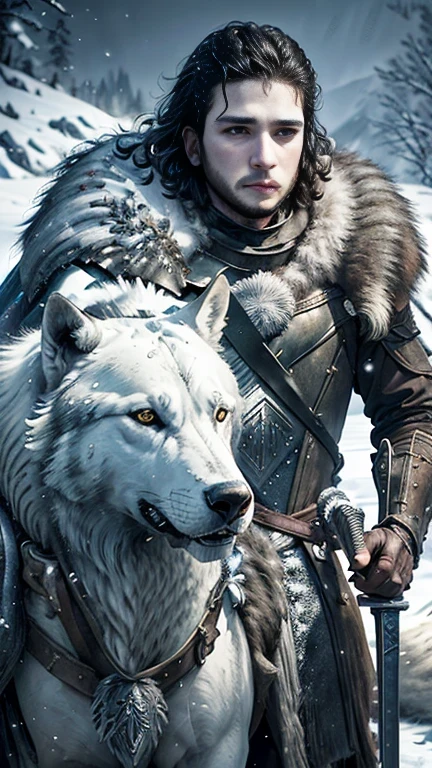 Cinematic poster of Jon Snow holding a sword, accompanied by a white wolf, in the snow. (HDR: 1.4), (cinematic lighting: 1.4), masterpiece, ultra realistic 8K, perfect art, intricate details, sharp focus, detailed face, lights and shadows, vivid colors, award-winning photography, hyperrealistic.