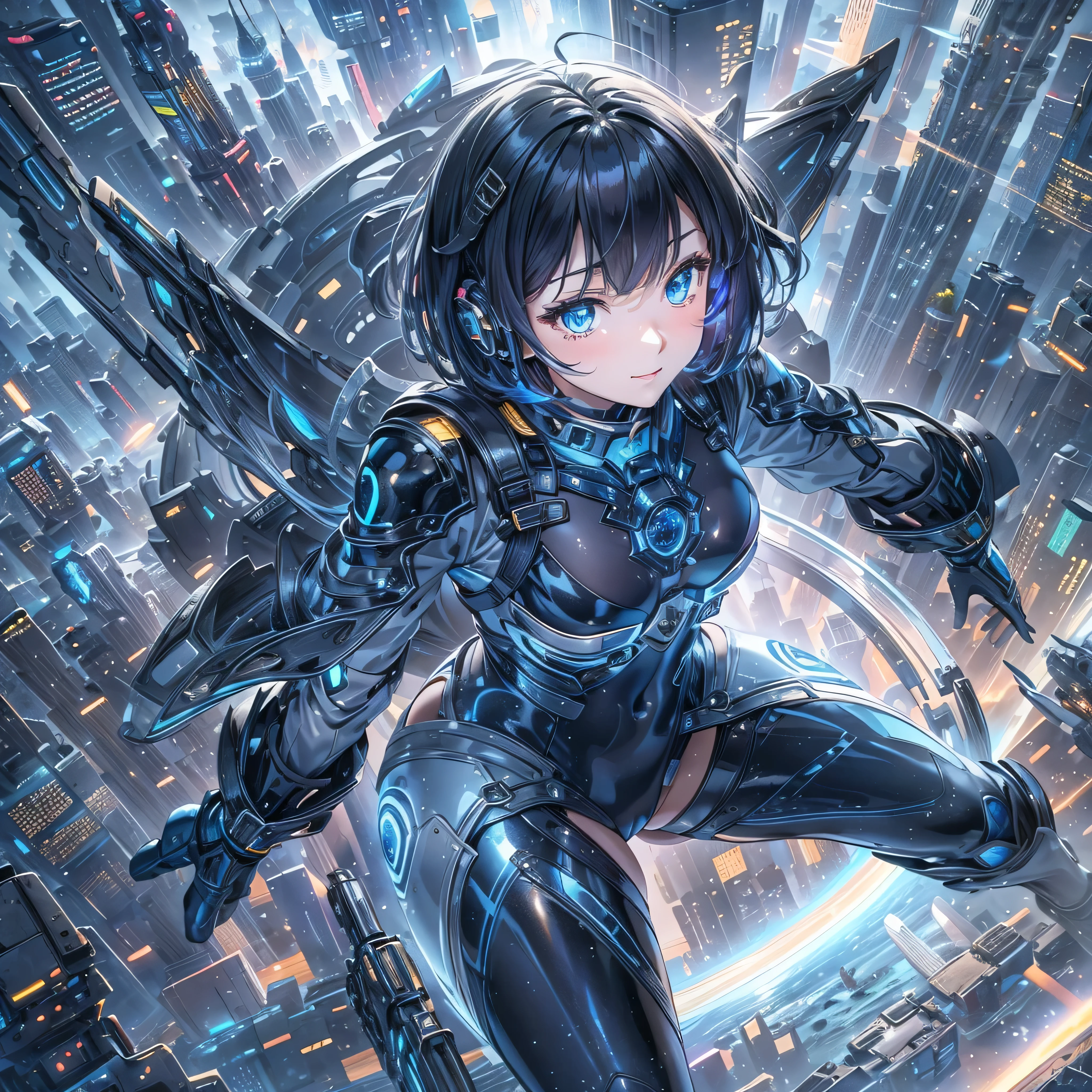 ((Holographic glow effect)),(masterpiece、Highest quality、Highest Resolution、Clear_image、Detailed details、Angle from above): (Whole body、One 20 year old girl、Japanese Faces、Small Face、Slender、Navy blue super short bob cut hair、(Hidden small breasts:1.3)、Sparkling blue eyes、Shiny pilot suit in blue and black colors、Chest protection armor、Tight fitting clothes、Clothing that covers the whole body、Glamorous clothes、Tight Fit Pants、Hide your skin、Very delicate and beautiful、Detailed Skin、hide thighs、Hide your ass、Cute、A gentle smile、Soft expression、heroine、headset、Knee-high boots、Elbow-length gloves、Eye Level Shot、Face directly、Woman on a spaceship)