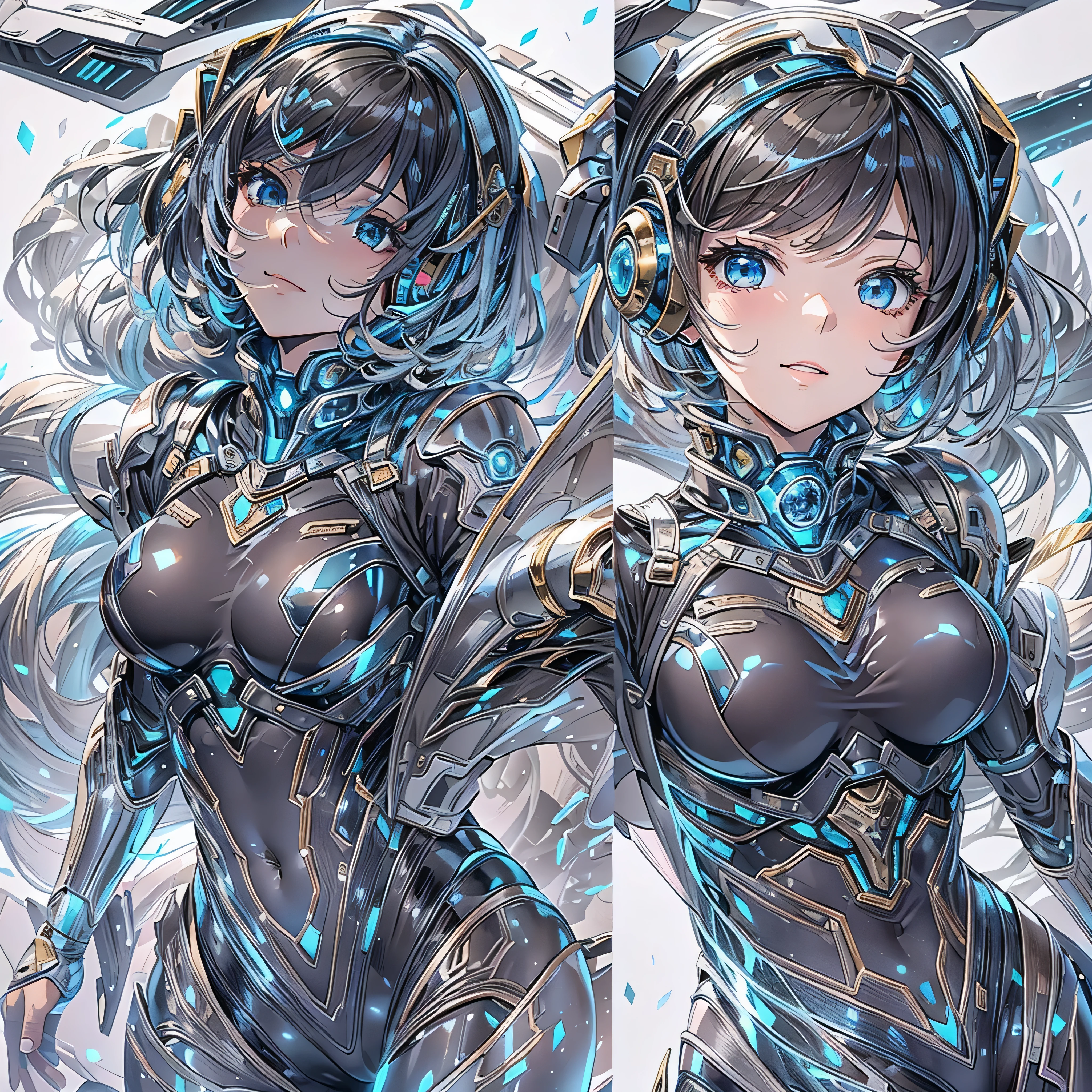 ((Holographic glow effect)),(masterpiece、Highest quality、Highest Resolution、Clear_image、Detailed details、Angle from above): (Whole body、One 20 year old girl、Japanese Faces、Small Face、Slender、Navy blue super short bob cut hair、(Hidden small breasts:1.3)、Sparkling blue eyes、Shiny pilot suit in blue and black colors、Chest protection armor、Tight fitting clothes、Clothing that covers the whole body、Glamorous clothes、Tight Fit Pants、Hide your skin、Very delicate and beautiful、Detailed Skin、hide thighs、Hide your ass、Cute、A gentle smile、Soft expression、heroine、headset、Knee-high boots、Elbow-length gloves、Eye Level Shot、Face directly、Woman on a spaceship)