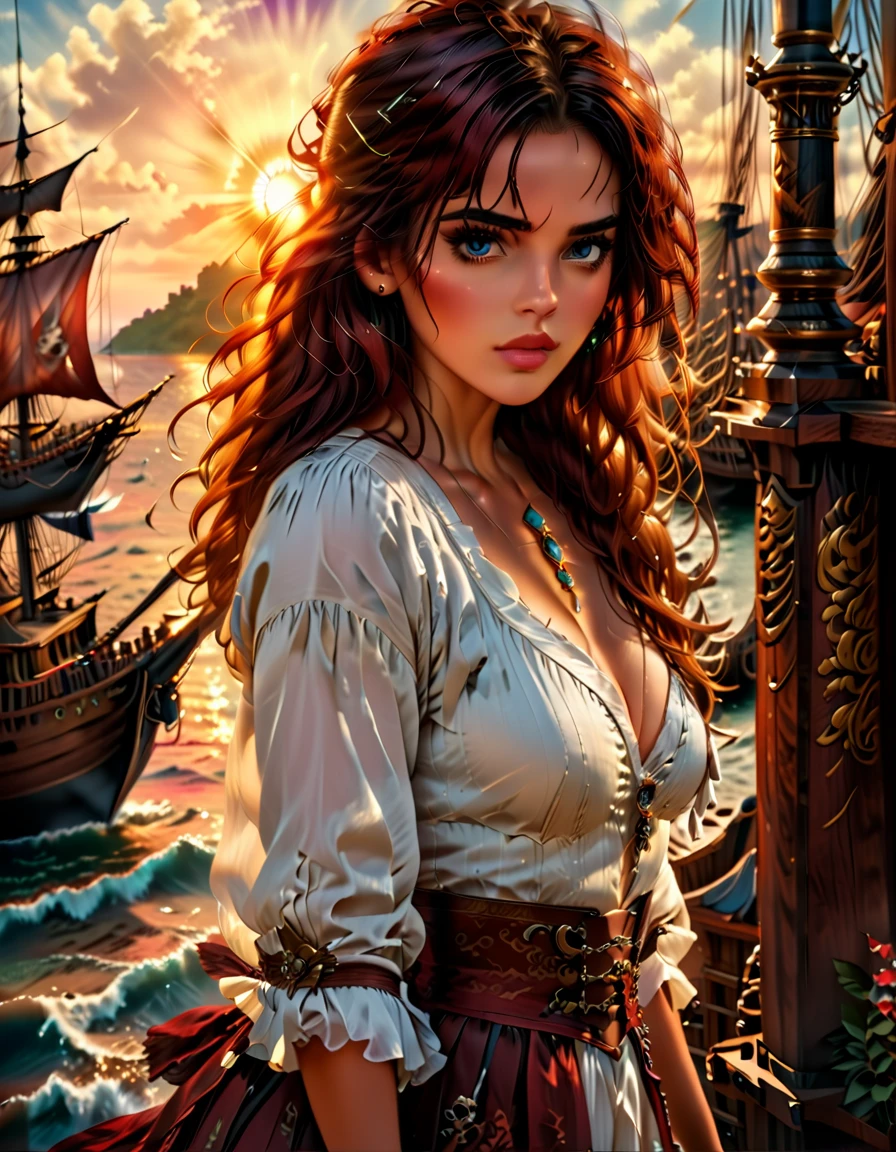 a portrait of a woman pirate holding a saber on a pirate ship ready for battle, ((full body: 1.5)), ((anatomically correct: 1.5)), (ultra detailed face: 1.2), looking tense, looking dangerous, dynamic eye color. dynamic hair color, dynamic hair style dynamic skin complexion, wearing 18th century white button shirt, busty , wearing wearing high heeled boots, sunny day, sun rays, some clouds,18th century pirate ship background, vibrant, Ultra-high resolution, High Contrast, (masterpiece:1.5), highest quality, Best aesthetics), best details, best quality, highres, 16k, (ultra detailed: 1.5), masterpiece, best quality, (extremely detailed) RAW, (ultra details, Masterpiece, best quality), Hyperrealism style, holding sword, Intense gaze