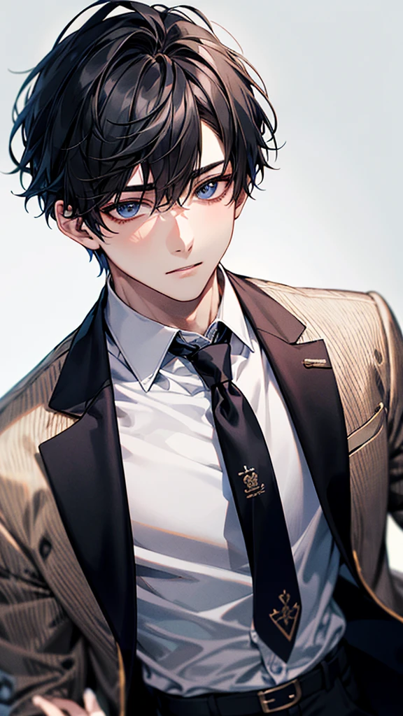 masterpiece, best quality, high quality, Extremely detailed, 1 boy, Face Focus, aldult, Set, jacket, White shirt, tie, Pants, best quality, Facial details, Detailed background, blur background