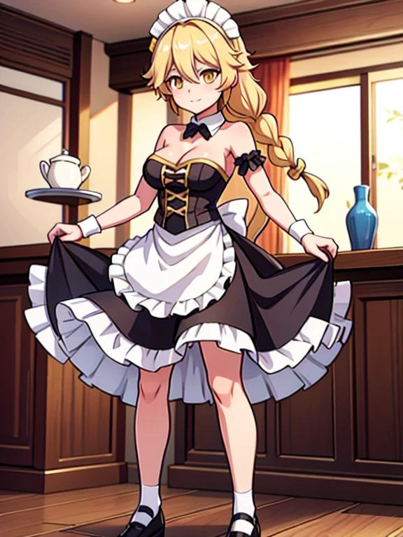 (Solo:1.2), aether, 1girl, gender swap, female version of Aether, blonde hair, yellow eyes, hair between eyes, long hair, braid, big breasts, strapless maid uniform, maid apron, cleavage, leather shoes, holding a duster