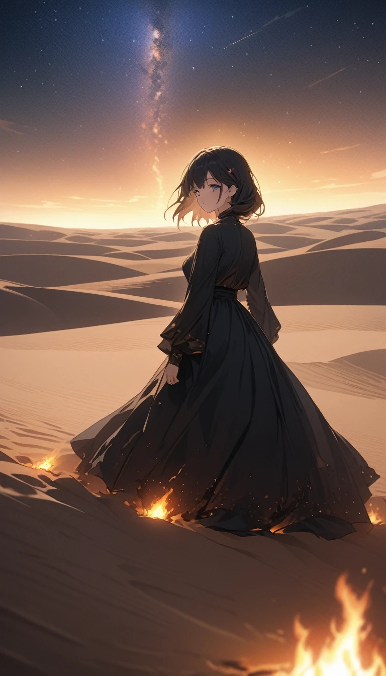 Anime Style。Rear view of one woman。Desert Night、Bonfires light up the dunes、Starry sky。The contrast between the vast desert and the flames creates a mystical atmosphere.。((high quality)), ((masterpiece)), 8k, Anime Style。Wide angle。Overlooking。whole body。