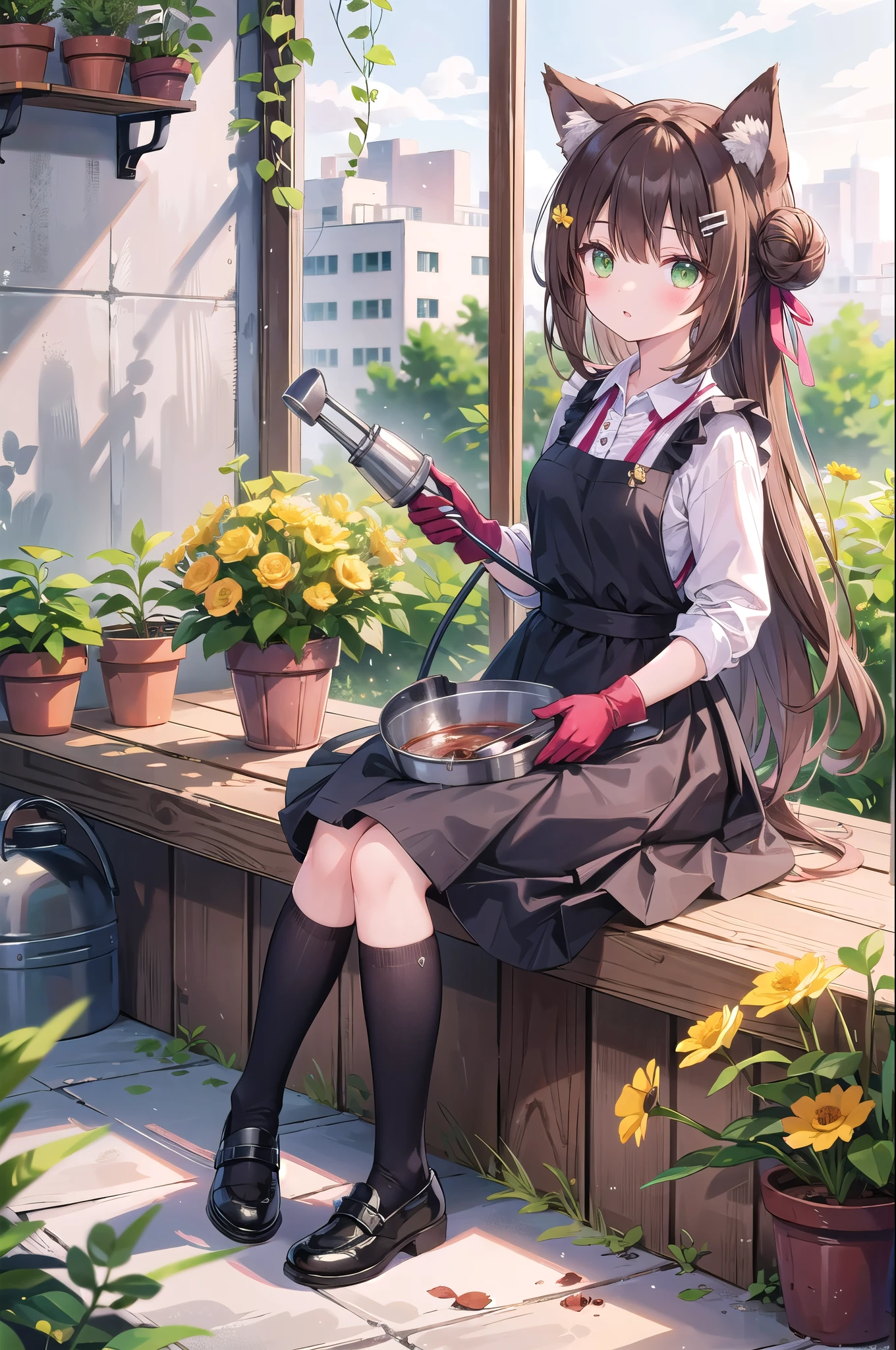 (masterpiece), 1girl, solo, animal, white flower, shirt, animal ears, flower, very long hair, collared shirt, hair bun, socks, long hair, black socks, gloves, green eyes, apron, holding, sitting, hair ornament, blush, parted lips, bangs, looking at viewer, tail, yellow flower, pink footwear, white shirt, animal ear fluff, brown hair, bird, kneehighs, full body, skirt, rose, potted plant, double bun, watering can, hairclip, shoes, grey skirt