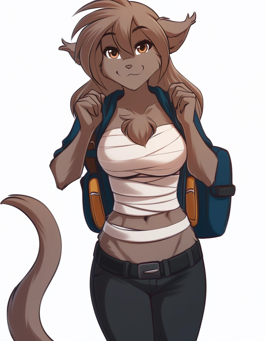 solo, tknanie, keidran, mammal, pantherine, natani_(twokinds), natani twokinds, twokinds, personalami, rating:safe, white background, white_background, brown fur, brown hair, brown eyes, female, big breasts, chest_wraps, wraps shirt pants socks backpack hoodie mask face 