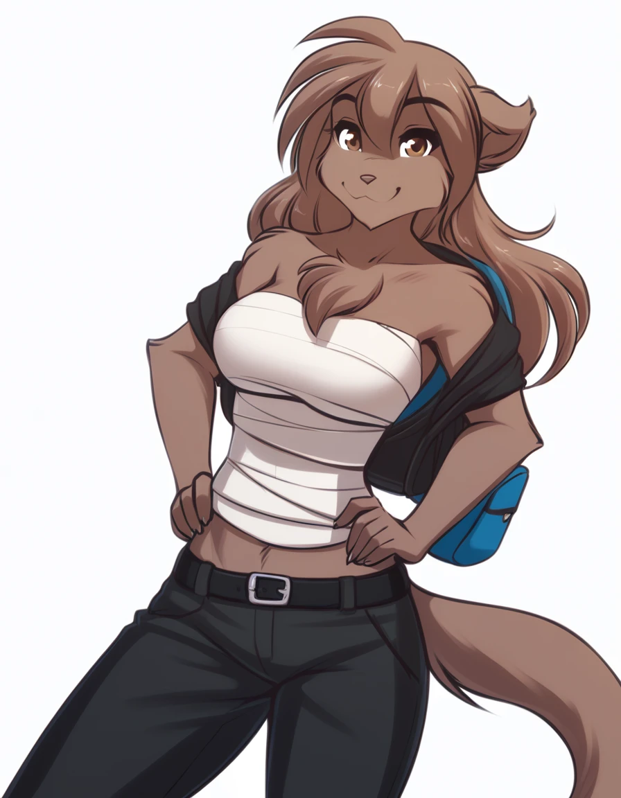 solo, tknanie, keidran, mammal, pantherine, natani_(twokinds), natani twokinds, twokinds, personalami, rating:safe, white background, white_background, brown fur, brown hair, brown eyes, female, big breasts, chest_wraps, wraps shirt pants socks backpack hoodie mask face