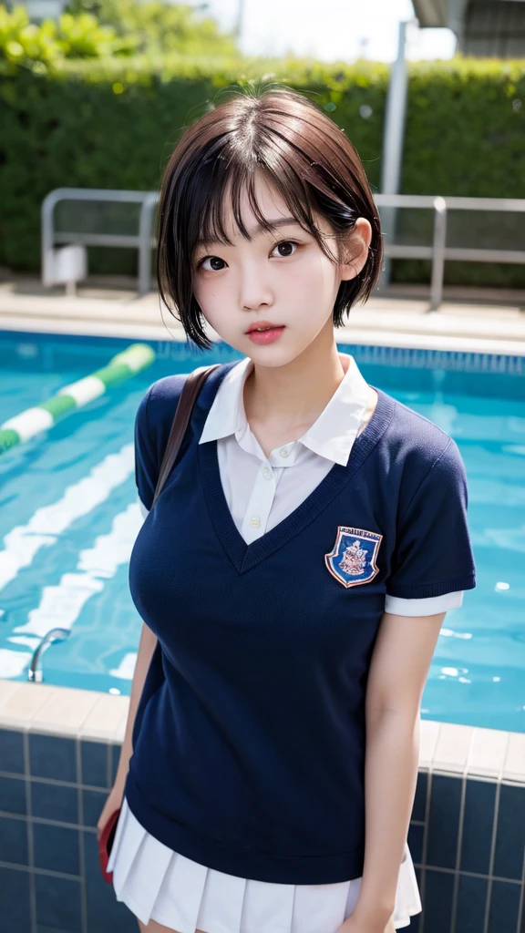 One Girl、cute、18-year-old、She has big breasts、Slender body、Round-faced Japanese woman、short hair、Wet school uniform、The eyes are large、whole body、Background is by the school pool、
