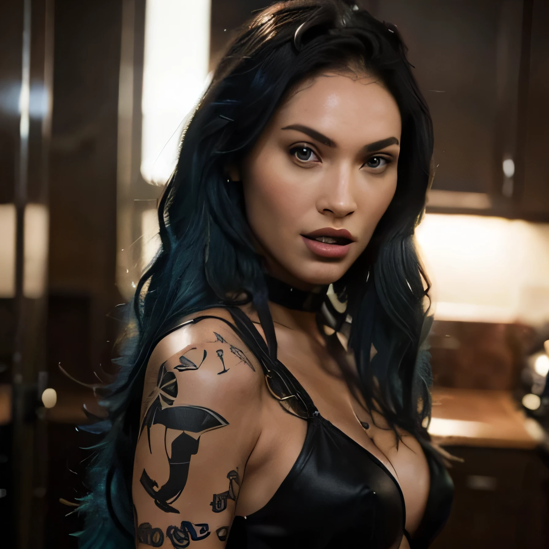 Megan Fox as long blue hair a sexy blackpanter