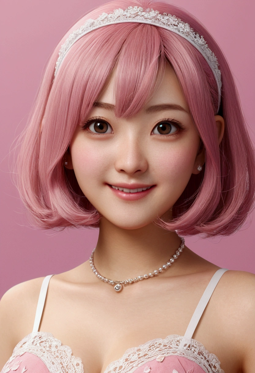 (ピンクの髪 :1.3),(Ultra-realistic), (shape), (High resolution), (8k), (Very detaileded), (Best shape), (Beautiful and detaileded Eyes), (highest quality), (Ultra detaileded), (masterpiece), (wallpaper), (detaileded Face), Facial pores,alone,One Girl,, Fine detailed, detaileded Face, (detailed),(Realistic lighting: 1.1), Adorable face, woman, HARUNO  SAKURA 、Pink short bob hair、、hair band、double eyelid、detailedな緑の瞳、Big eyes、Slanted Eyes、long lace babydoll、whole body、Big Breasts、Cleavage、Thighs、smile、teeth