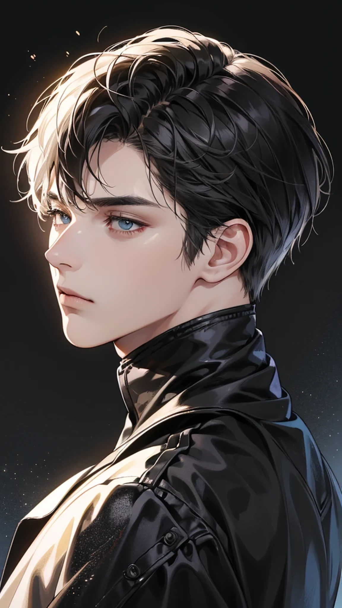 (Best quality digital art digital illustration 4k high resolution beautiful image ultra detailed image perfect lines soft lighting night environment smooth zoom perfect face) (1:1. Reality) (Neutral color hdr 1.4) A 25-year-old adult male (Thoughtful expression) Very beautiful eyes dark black medium black hair modern clothes black (Dark background)