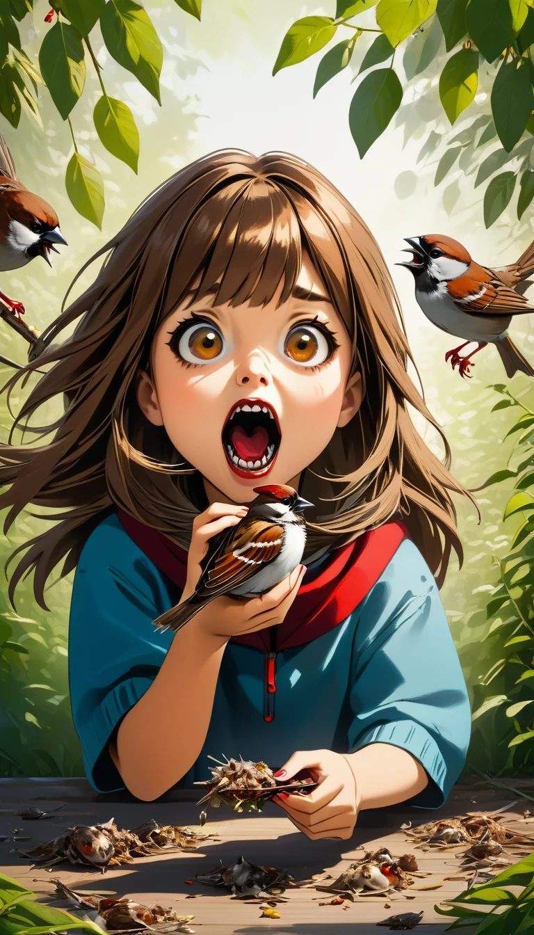 A girl eats a sparrow head first,Looks delicious,With a big mouth,prey
