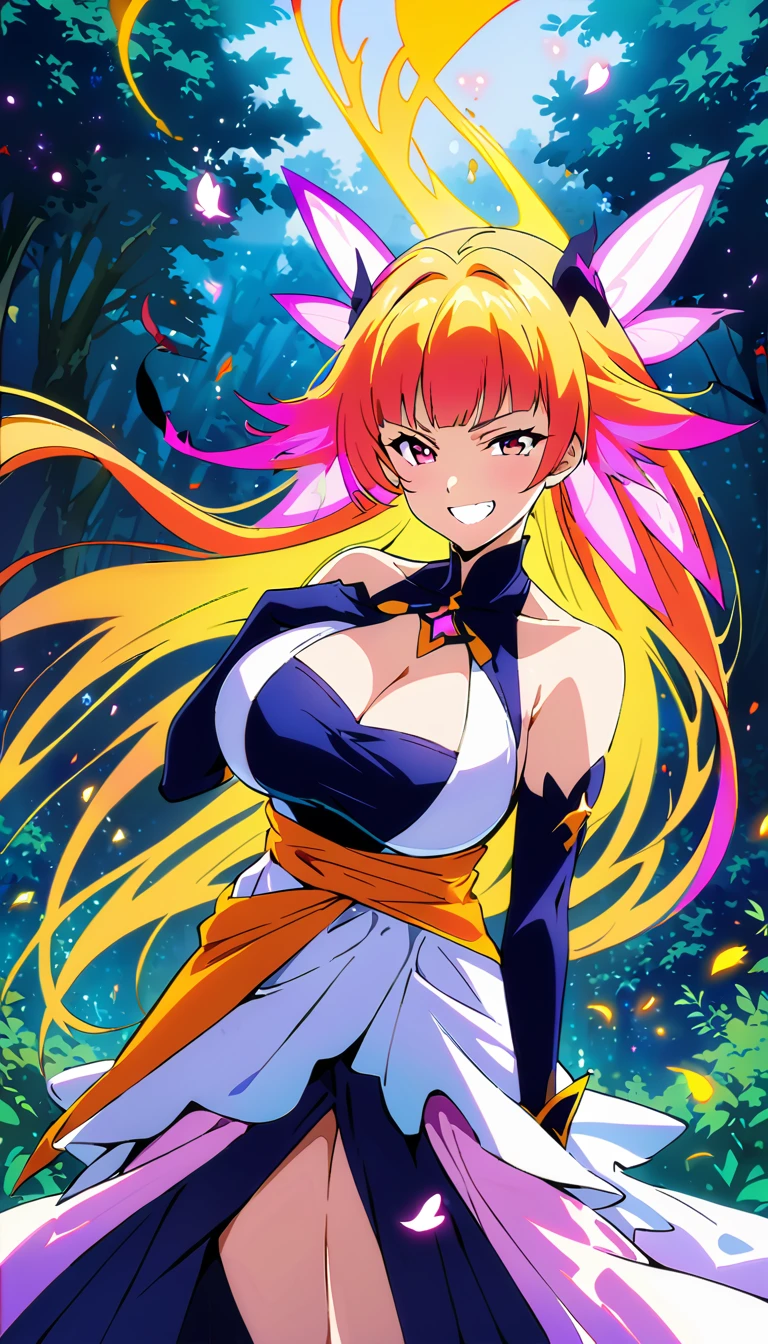 (anime art, anime styling, studio anime, very detailled, updated, Vibrant, anime coloring, hight contrast, work of art:1.2, best qualityer, better aesthetics), (1 girl), Color Connections, colors, esquema de cores Vibrants, colorsda, mancha colorsda, NSFW, (portraite, cowboy shot), sensuous, in the deep forest, Dance, (Big Breasts 1.2), crooked, (Bewitching woman), (smile and laugh:1.2), fantasy starry sky fairy, fantasy starry sky fairy,Falling petals, shining stars,