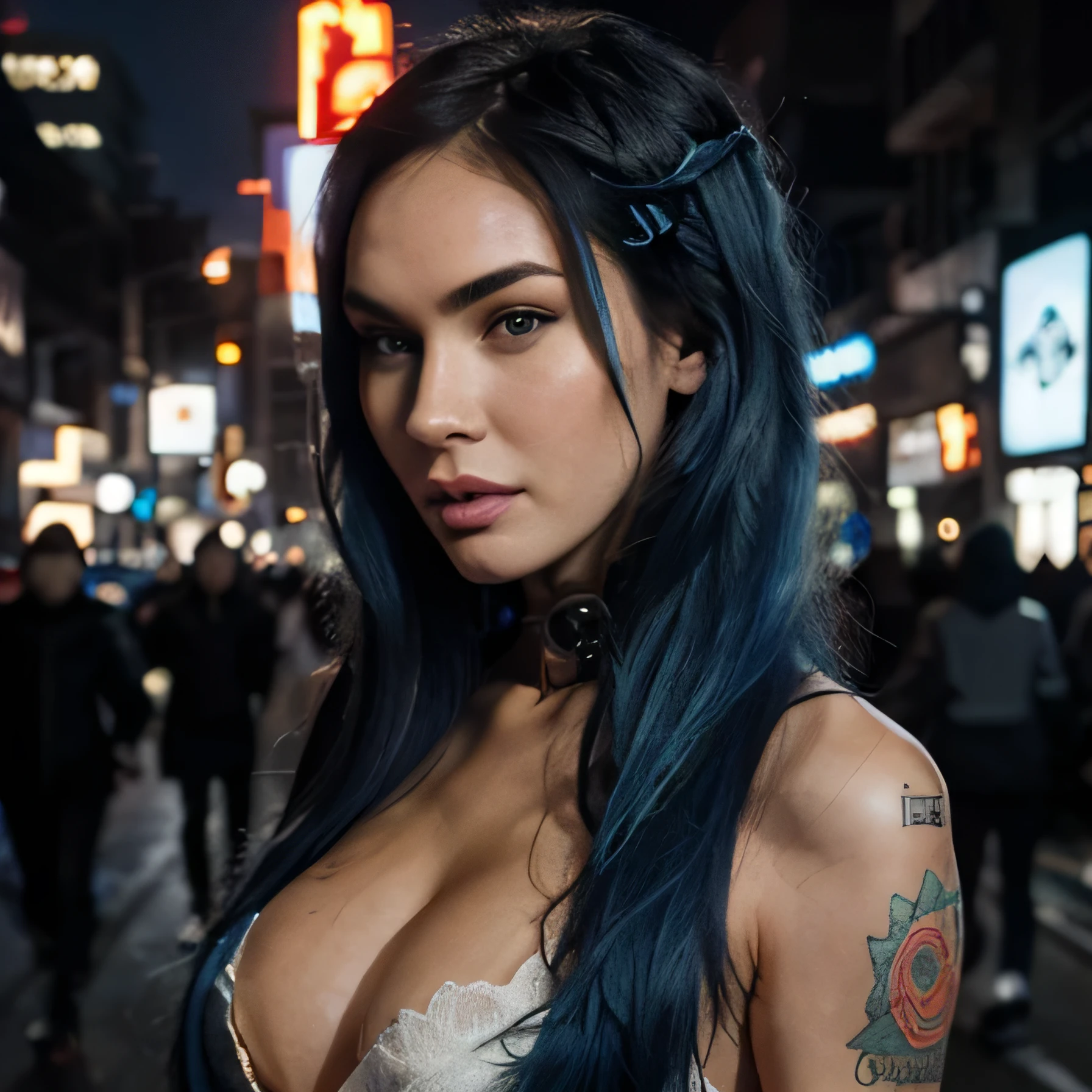 Megan Fox as long blue hair a sexy cyberpunk