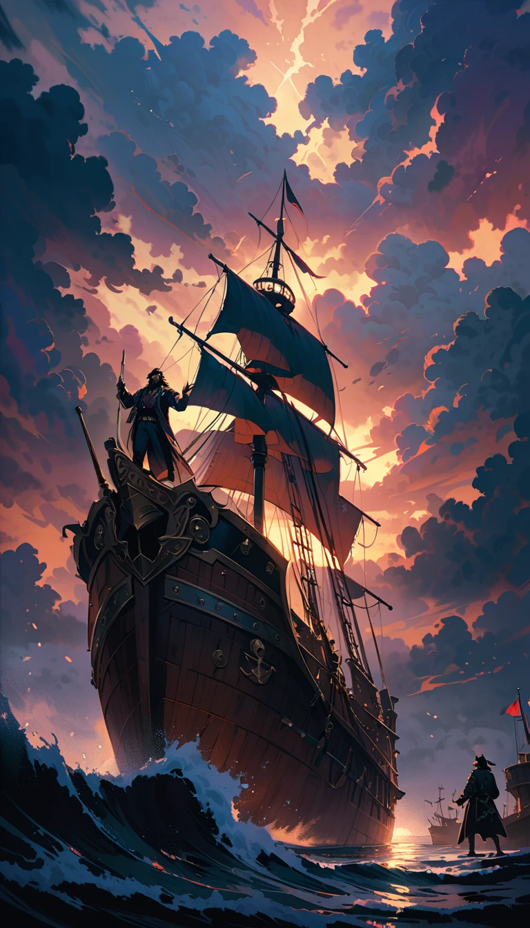 a legendary pirate, Edward Teach, Blackbeard, full body shot, holding the steering wheel of a pirate ship with one hand, pointing to the target of cannon fire with the other hand, naval duel of pirate ships, detailed pirate ship, detailed pirate costume, dramatic lighting, cinematic composition, epic scale, moody color palette, dramatic clouds, volumetric lighting, photorealistic, highly detailed, 8k, best quality, masterpiece