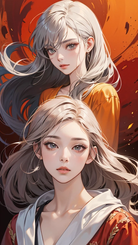 One of the paintings shows a man wearing an orange shirt、Lady with gray hair, Stunning anime face portraits, Beautiful character painting, Beautiful anime portrait, Her image is rendered in red paint, Stunning results. Very detailed painting, Depicting women's faces and clothing. Her face has a cream dripping effect, Make the whole face more lively. She wore a beautiful dress,With light grey hair. Accurate proportions, The costumes of female characters are all traditional clothes, Showcasing classical charm.