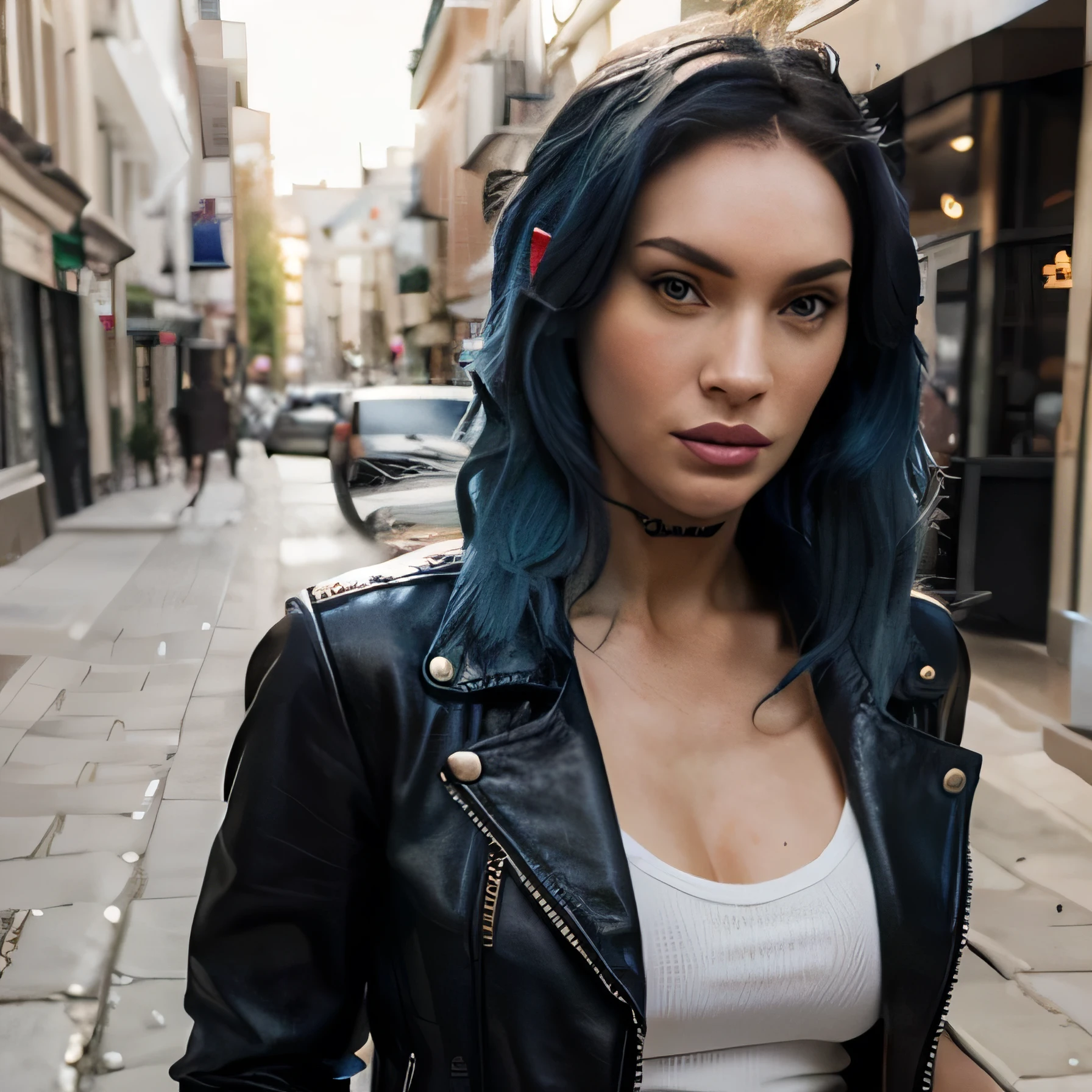 Megan Fox as long blue hair sexy leather jacket in street