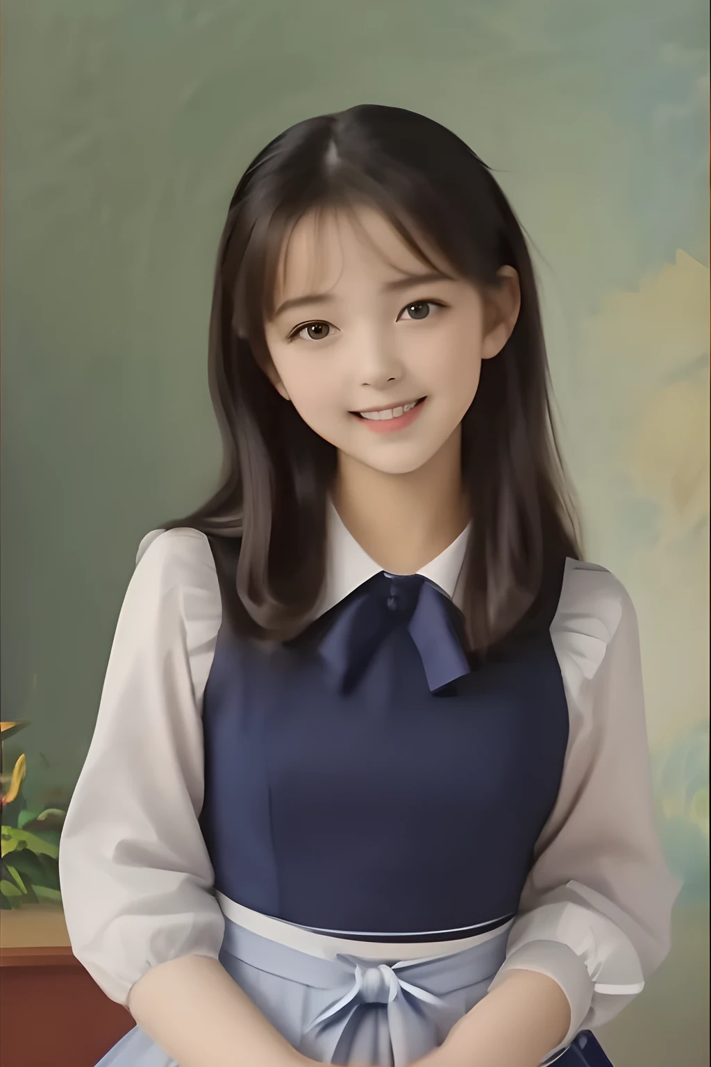 (highest quality, masterpiece, high resolution:1.2), 4K, (Photo quality detailed face: 1.2), (Paintings by Vigée Leblanc: 1.4) ,geometry, 14 yo beautiful girl, Laughing cutely, (neat white school blouse), (school ribbon on the breast), (navy Japanese school sailor uniform), (Beautiful eyes with detailed: 1.2)