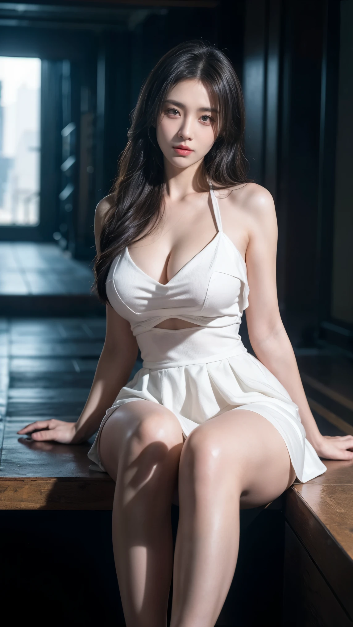 ((Best quality)), ((masterpiece)), (detailed:1.4), a beautiful cyberpunk female, clevage, wearing white dress, wear white skirt ,HDR (High Dynamic Range),Ray Tracing,NVIDIA RTX,Super-Resolution,Unreal 5,Subsurface scattering,PBR Texturing,Post-processing,Anisotropic Filtering,Depth-of-field,Maximum clarity and sharpness,Multi-layered textures,Albedo and Specular maps,Surface shading,Accurate simulation of light-material interaction,Perfect proportions,Octane Render,Two-tone lighting,Wide aperture,Low ISO,White balance,Rule of thirds,8K RAW,