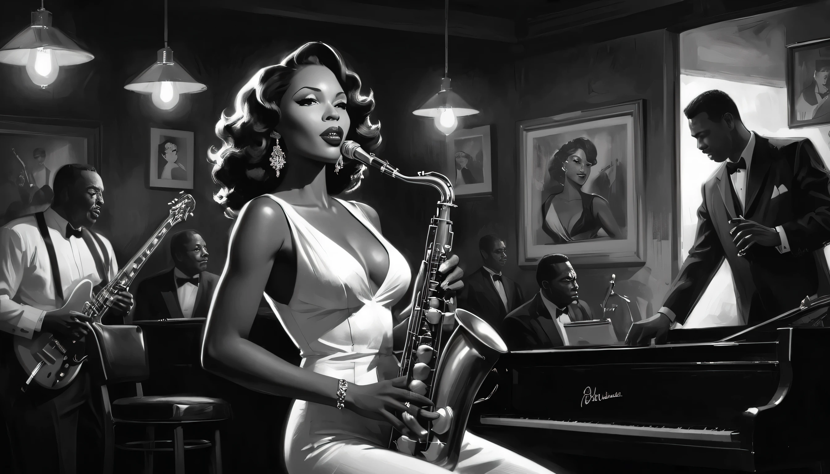 alabama bar, blue note, charismatic, baterist, guitarist, saxophonist, jazz band, bw, illustration, noir fantasy, singer lady,
