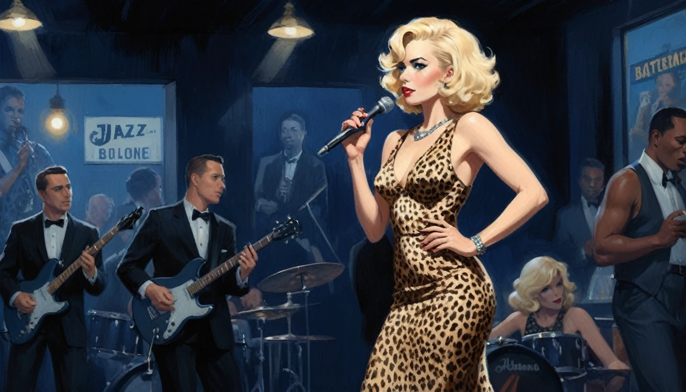 alabama bar, blue note, charismatic, baterist, guitarist, saxophonist, jazz band, leopard skin dress, illustration, noir fantasy, singer blonde lady, 