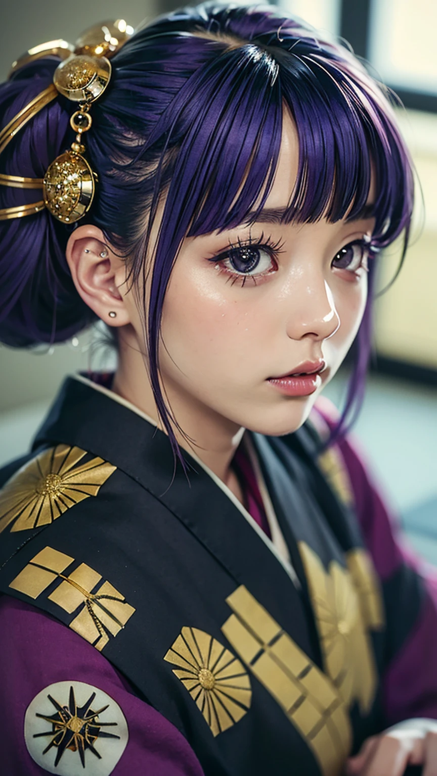 masterpiece, Highest quality, A solemn Japanese-style room with tatami mats, A large photograph of a woman from head to waist, (Close up on face:1.5), (Punk rock kimono, black地に赤＋gold:1.3), Squatting and spreading legs, Open your mouth, Glare, (black＋Purple hair color, Mid-length hair, Twin tails), (blackい瞳, Sparkling eyes), (Long eyelashes, Eyelash extensions)