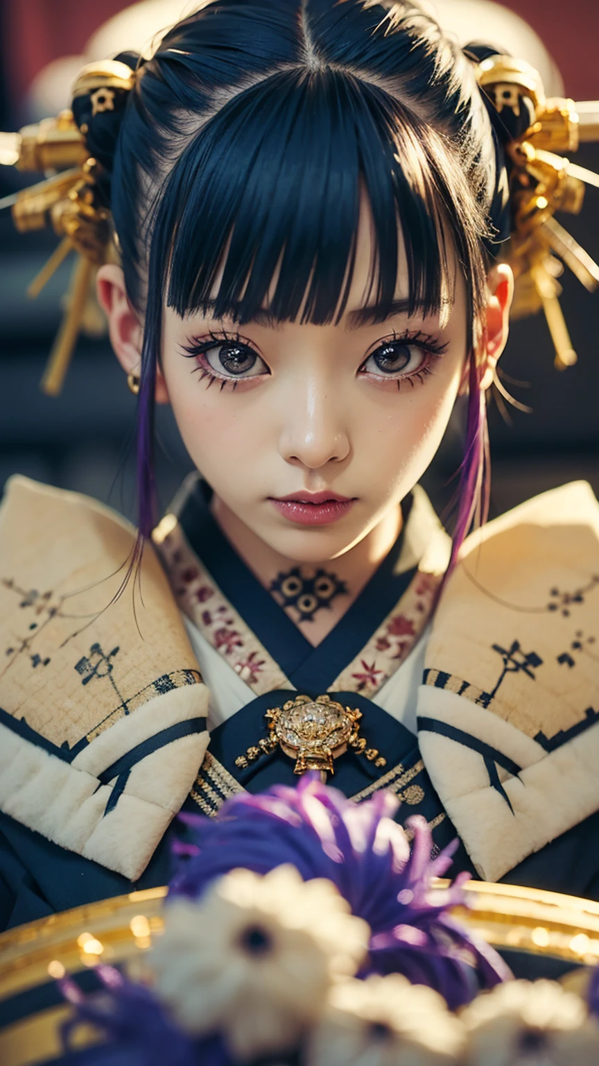 masterpiece, Highest quality, A solemn Japanese-style room with tatami mats, A large photograph of a woman from head to waist, (Close up on face:1.5), (Punk rock kimono, black地に赤+gold:1.3), Squatting and spreading legs, Open your mouth, Glare, (black+Purple hair color, Mid-length hair, Twin tails), (blackい瞳, Sparkling eyes), (Long eyelashes, Eyelash extensions)