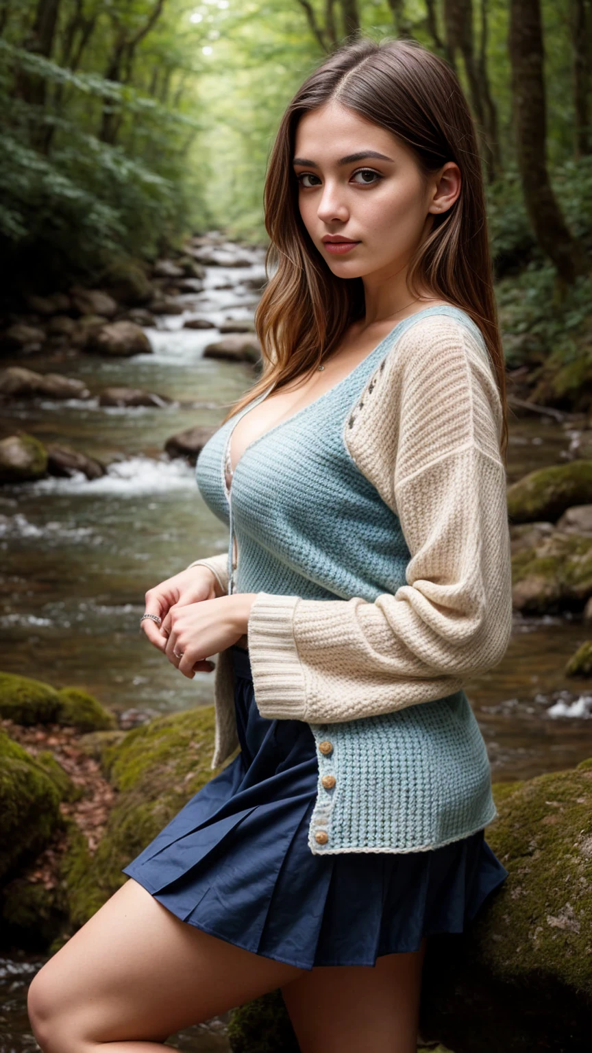 A beautiful European girl, full body, wearing crocheted skirt, crocheted top, sneakers, cleavage. She is 24 years old, has brown hair and blue eyes. Her cloth is stylish and her overall appearance is stunning. The girl's face is extremely detailed with beautifully detailed lips. Her skin is anatomically correct with realistic textures. The image should have super high details and be of the best quality, with a resolution of 8K. The final result should be a masterpiece, showcasing the girl's beauty and the vibrant atmosphere of light forest and forest stream