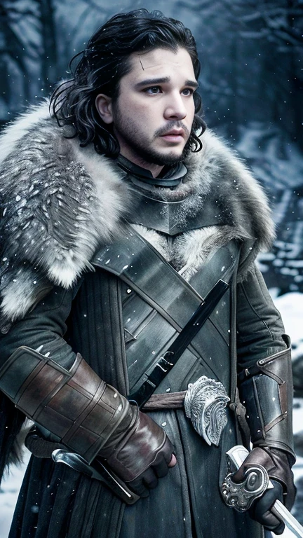 Cinematic poster of Jon Snow holding a sword, accompanied by a white wolf, in the snow. (HDR: 1.4), (cinematic lighting: 1.4), masterpiece, ultra realistic 8K, perfect art, intricate details, sharp focus, detailed face, lights and shadows, vivid colors, award-winning photography, hyperrealistic.
