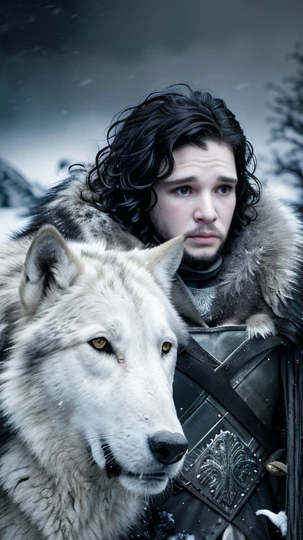 Cinematic poster of Jon Snow holding a sword, accompanied by a white wolf, in the snow. (HDR: 1.4), (cinematic lighting: 1.4), masterpiece, ultra realistic 8K, perfect art, intricate details, sharp focus, detailed face, lights and shadows, vivid colors, award-winning photography, hyperrealistic.
