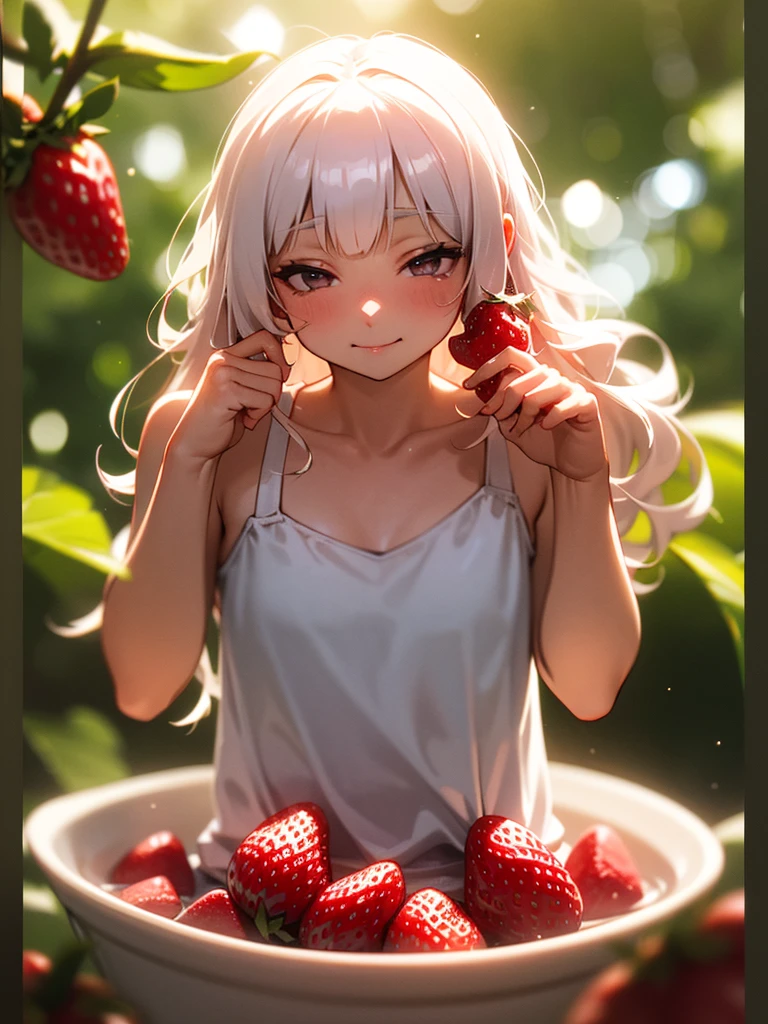 (Sumilux f1.4 50mm , low Latitude old color negative film , cross process , bokeh, flare, chromatic aberration , soft focus, (Shallow focus) , soft glow , Maximum aperture, low Key , Transparent depiction) , (coquettish bbw) , 2 small strawberrys , Caressing the strawberries , Pour condensed milk , Kama Sutra , (hide with strawberry) , camisole , in the bowl
