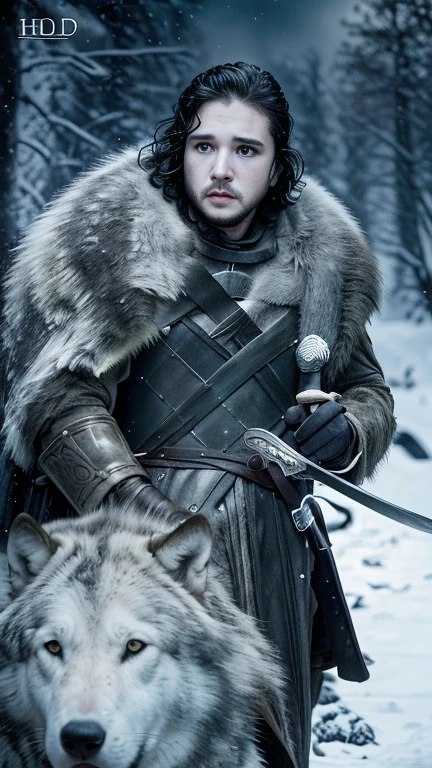 Cinematic poster of Jon Snow holding a sword, accompanied by a white wolf, in the snow. (HDR: 1.4), (cinematic lighting: 1.4), masterpiece, ultra realistic 8K, perfect art, intricate details, sharp focus, detailed face, lights and shadows, vivid colors, award-winning photography, hyperrealistic.
