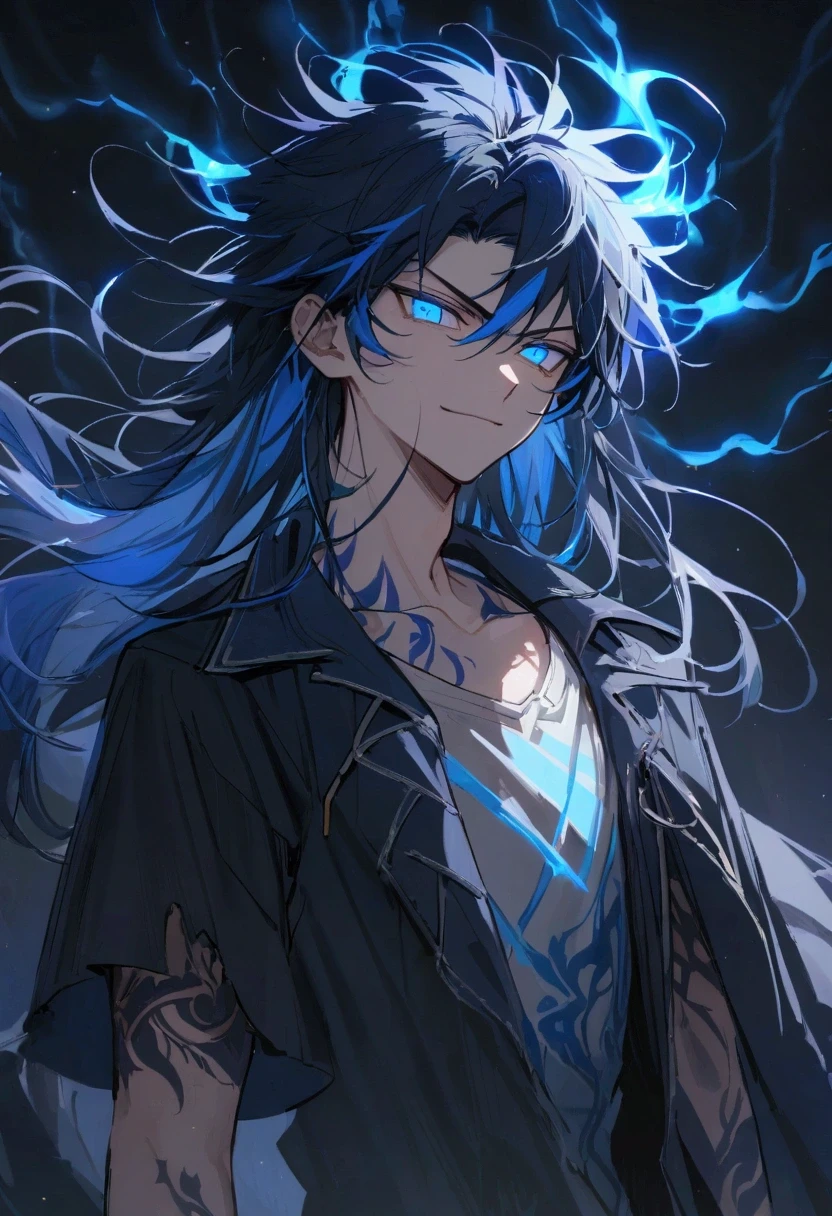 boy, spiky hair, long hair, multicolored black and blue hair, glowing light blue eyes, serious face, simple smile, black loose casual ripped shirt, dark blue short-sleeved overcoat, blue tattoos on the body, electric aura, lot of details, best qualityer.