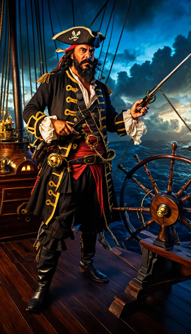 a legendary pirate, Edward Teach, Blackbeard, full body shot, holding the steering wheel of a pirate ship with one hand, pointing to the target of cannon fire with the other hand, naval duel of pirate ships, detailed pirate ship, detailed old and thorn pirate costume, dramatic lighting, cinematic composition, epic scale, moody color palette, dramatic clouds, volumetric lighting, photorealistic, highly detailed, 8k, best quality, masterpiece