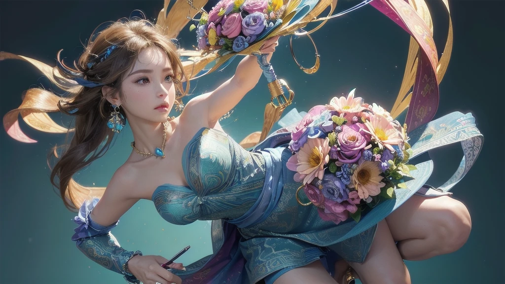 32K, 最高quality, 最高masterpiece, (ultra-Detailed Background, Detailed Background), High resolution, Super detailed, Very detailedな, 1 personの, (bouquet:1.3), (Tangled:1.2), (Geometric:1.2),(colorful),(masterpiece, quality, best quality, Official Art, Beautiful and beautiful:1.2), (1 person:1.3), Very detailed,(colorful:1.1)(Flowers:1.3),Most detailed,(Tangled:1.2), whole body, (Abstract background:1.3), (Skin glows), (Many colors:1.4), ,(Earrings Jewelry:1.5), Light Blue Background,