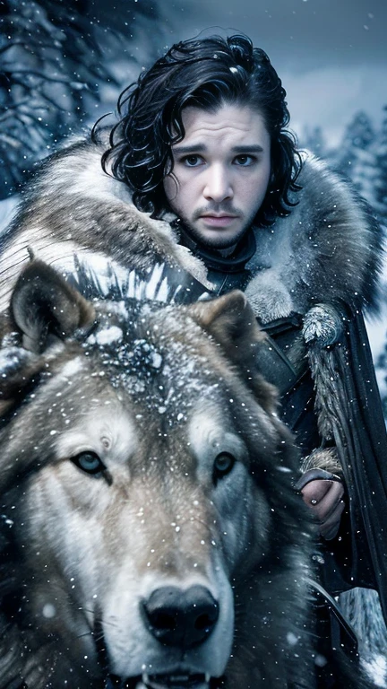 Cinematic poster of Jon Snow holding a sword, accompanied by a white wolf, in the snow. (HDR: 1.4), (cinematic lighting: 1.4), masterpiece, ultra realistic 8K, perfect art, intricate details, sharp focus, detailed face, lights and shadows, vivid colors, award-winning photography, hyperrealistic.
