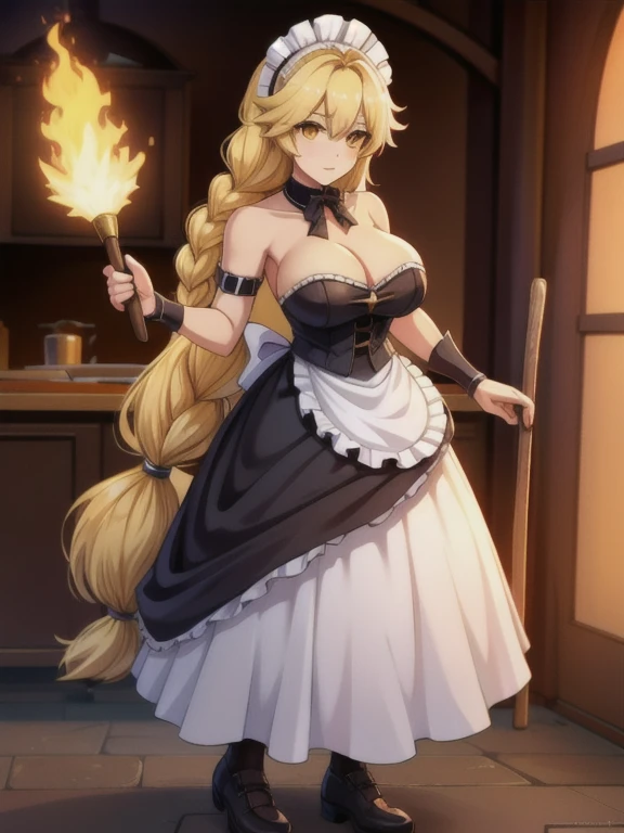 (Solo:1.2), aether, 1girl, gender swap, female version of Aether, blonde hair, yellow eyes, hair between eyes, long hair, braid, big breasts, strapless maid uniform, maid apron, cleavage, leather shoes, holding a duster
