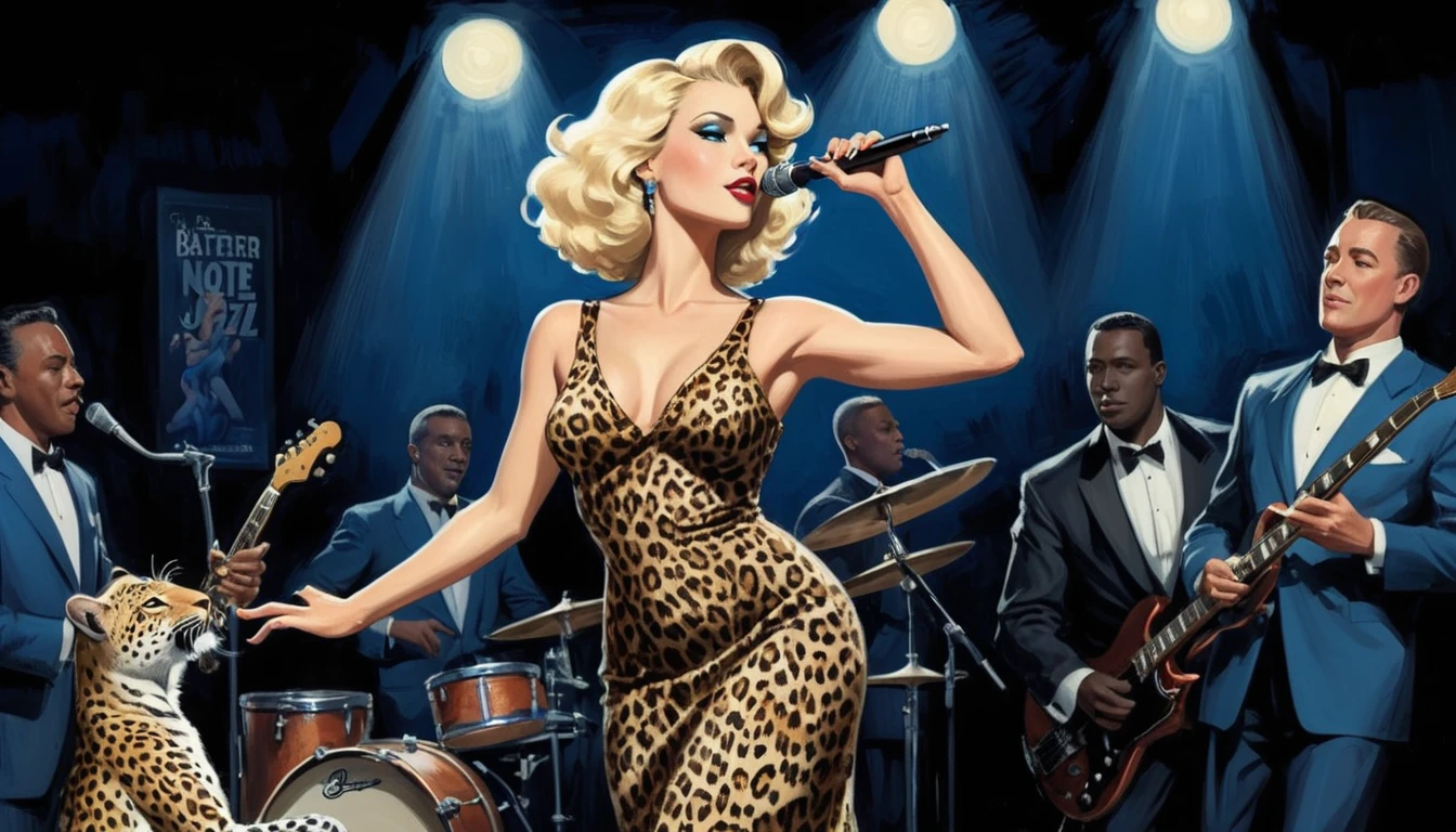 alabama bar, blue note, charismatic, baterist, guitarist, saxophonist, jazz band, leopard skin dress, illustration, noir fantasy, singer blonde lady, 