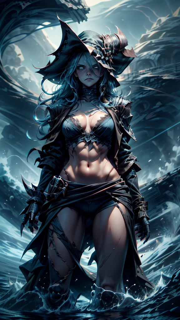1 female skeleton pirate:1.2, with torn clothes, dark tone, scary scene, big wave, thunder, raining, high quality, high detailed, masterpiece, 8k, cinematic lighting, superrealistic, long exposure, full body shot, lightening, dressart