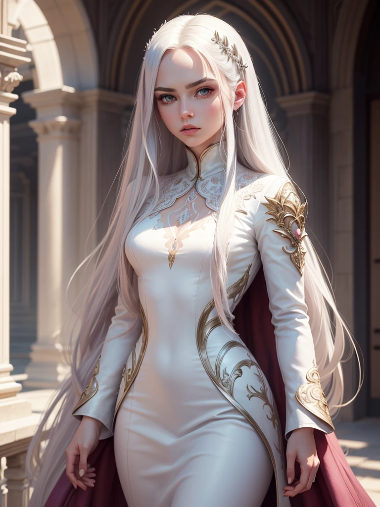 work of art, highest quallity, (standing alone focus), (face perfect:1.1), (high détail:1.1), (hyper detailed eyes), Dramatic, 1 guy, (pale skin), long white hair, Ethereal eyes, (light eyebrows), standing alone, long hair, JTiago Azevedo, moonligh, natta, luxury white suit, fleshy lips, coat, Proud expression,Garden, detailed back ground, artwork by Artgerm, cinematic lighting, pinks, lo fashion, Balenciaga style