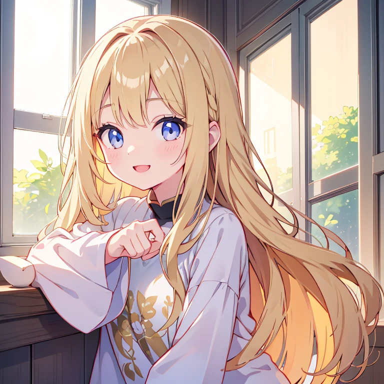 A young girl around 、Long wavy blonde hair、Face close-up、Beautiful eyes with attention to detail、Large and spaciousTshirt、smile、indoor、Window、Sunlight from the window