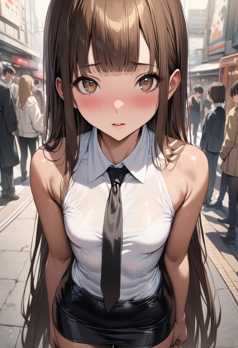((masterpiece,best quality anime,Highest quality:1.3)),realistic,cowboy shot,23-year-old beauty,独奏,1woman,((very small head:1.3)),((very long body:1.2)),ideal ratio body proportions,tan skin,brown hair,bangs,straight long hair,gorgeous eyes,brown eyes,blush,(Black formal jacket、Black tie、Black tight mini skirt),White collared shirt、((slender body,skinny,toned body)),small breasts,gleaming skin,、on street,Shibuya Station、、