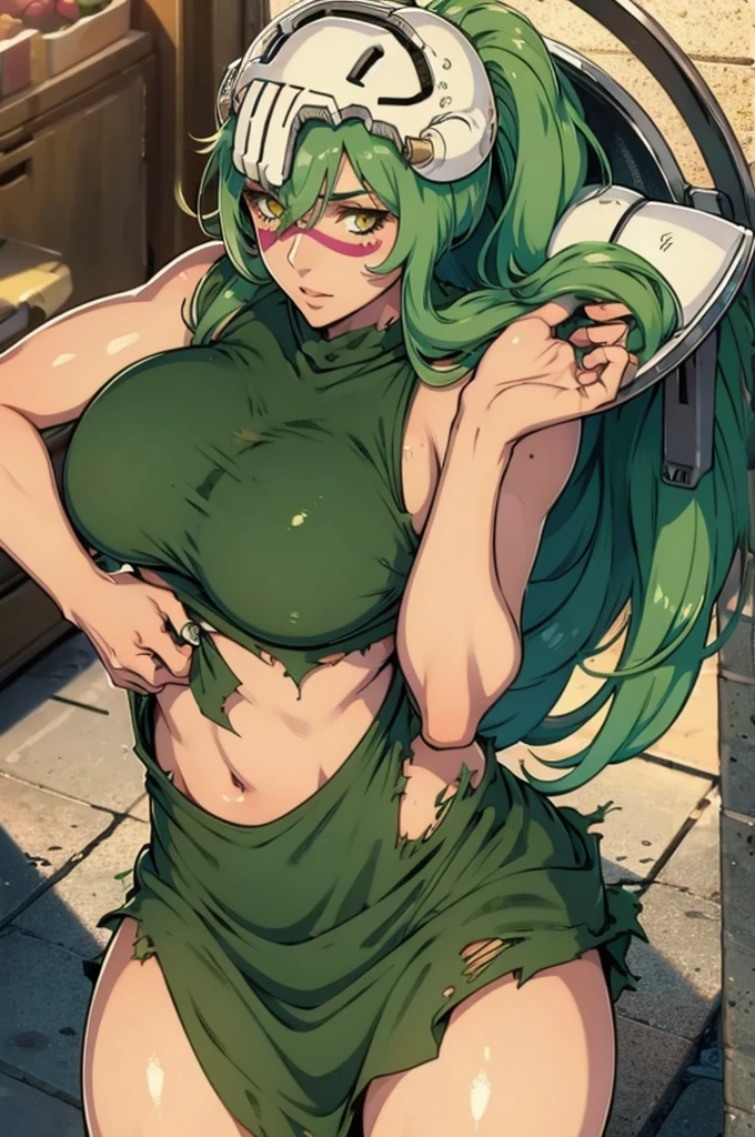 Nell odelschwanck green hair clothes torn under her breasts skirt, greenhair, yellow  eyes, bone helmet, perfectbody